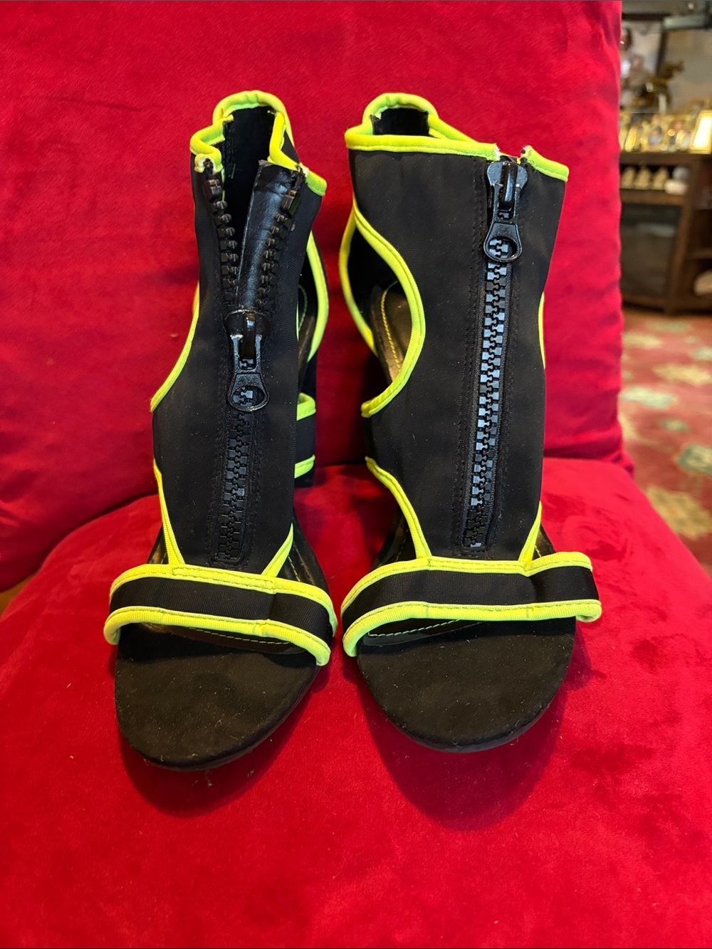 Rouge! Black suede Heels with Neon Yellow Trim